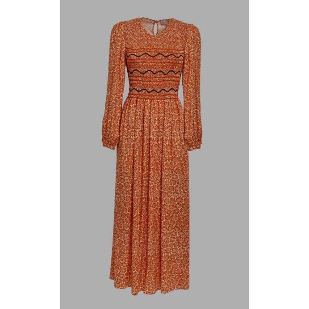 Women's Orange Long-Sleeve Maxi Dress with Smocked Waist